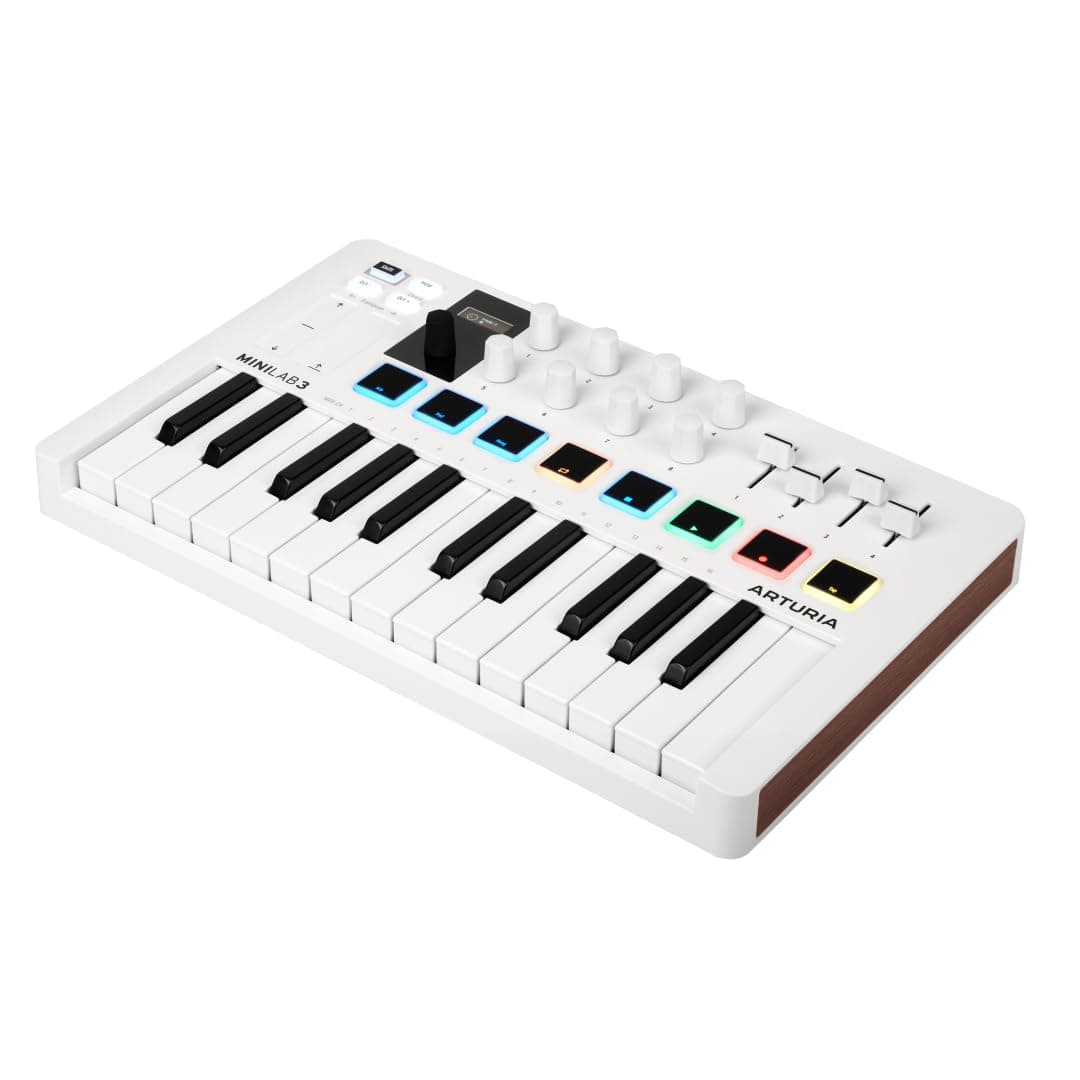 Arturia MiniLab 3 - Universal MIDI Controller for Music Production, with All-in-One Software Package - 25 Keys, 8 Multi-Color Pads - White